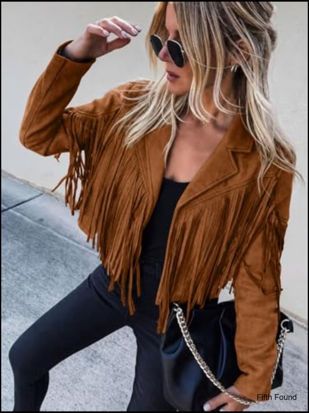 Faux Suede Leather Cropped Fringe Jacket Motorcycle Coat - Picture 5 of 7